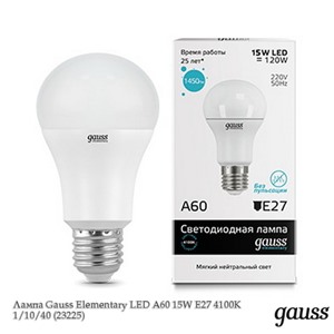 Gauss Лампа Gauss Elementary LED A60 15W E27 4100K 1/10/40 (23225)
