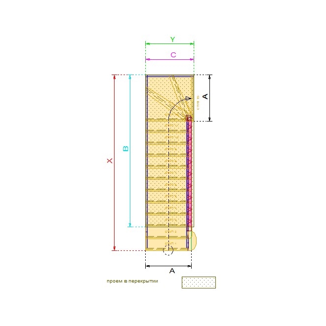 №2.1.1.11. Лестница с поворотом на 90 градусов, с забежными и прямыми ступенями
